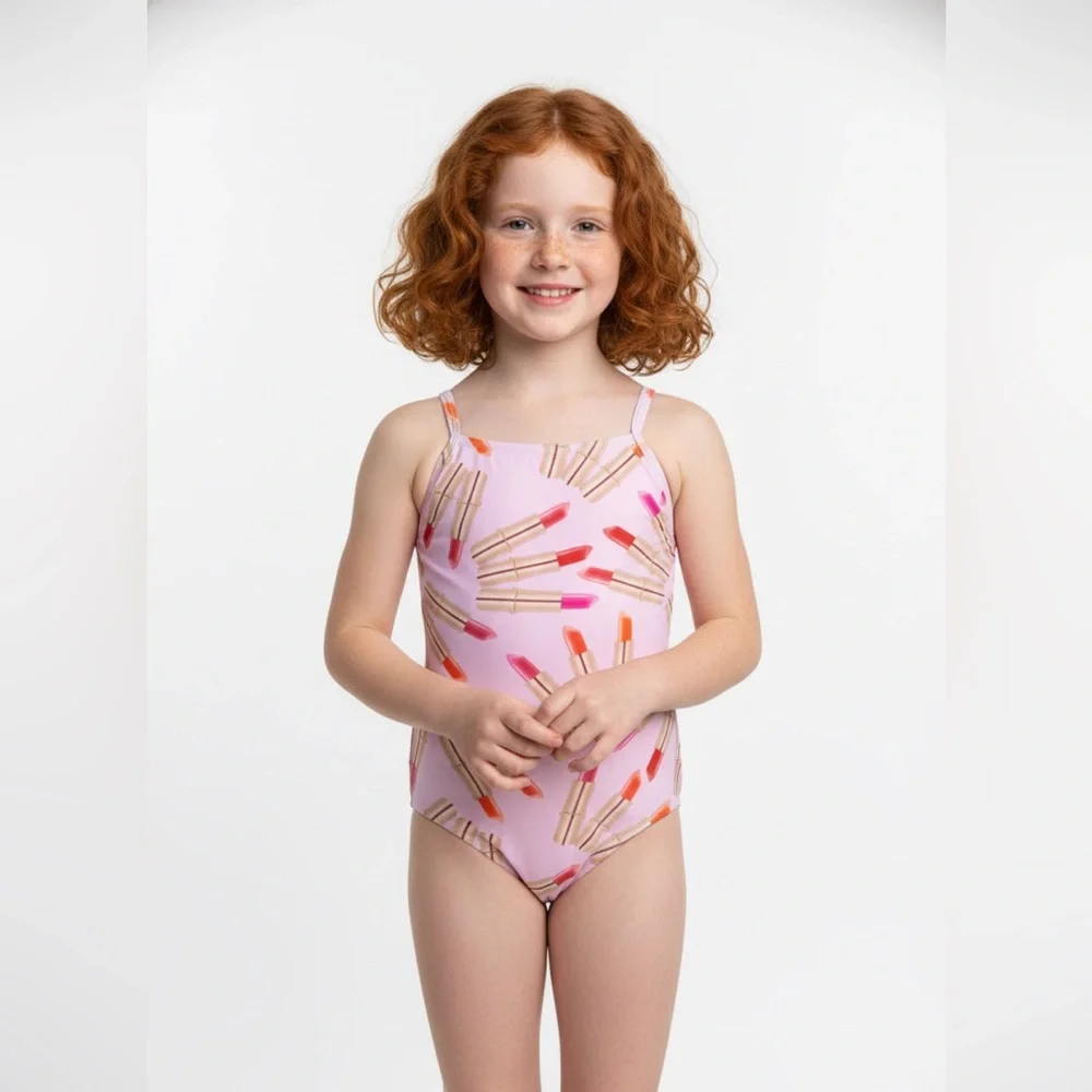 Submarine Pink Lipstick Pattern One Piece Girls Swimsuit 6 Fits 4/5 Yr Old NWT‎